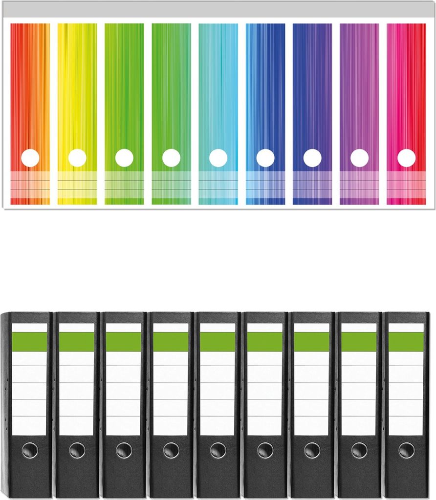 Wallario 9 Stück breite Ordner inkl. Klebeetiketten mit Motive Regenbogenmuster - Farben rot, gelb, grün, blau, pink und rot - Set mit Rückensc...