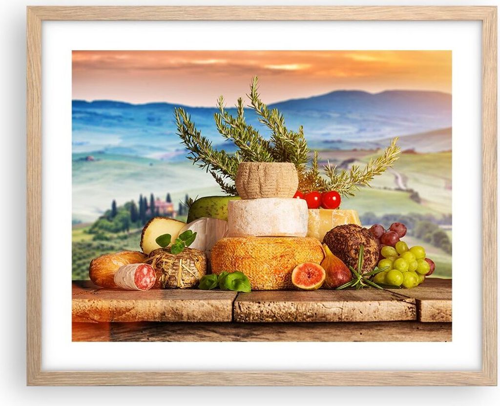 Gerahmtes Poster - Rahmen in heller Eiche - Toskana Käse Obst Italien - 50x40 cm - Wand Bild - Wanddeko - Wandbilder - Wandposter - Bilderrahmen -...
