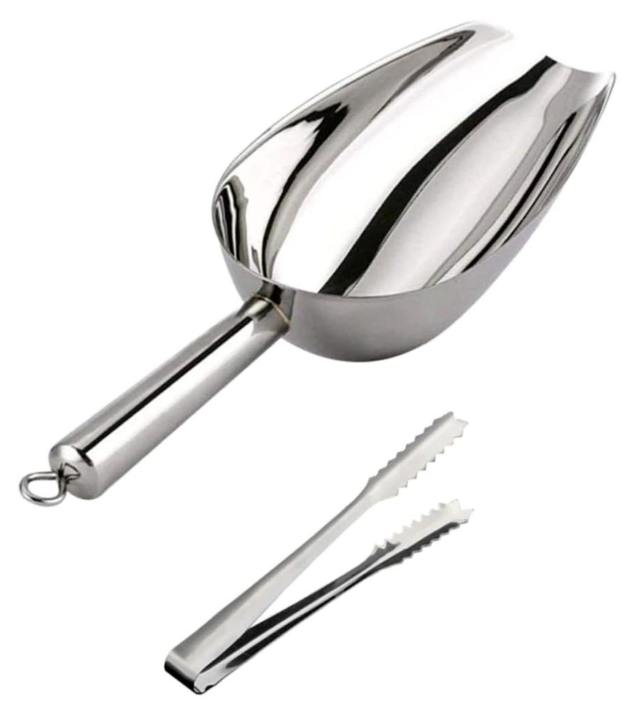 Edelstahl-Eisschaufel und Zangenset, lebensmittelecht, für Küche und Bar, großes Fassungsvermögen, spülmaschinenfest