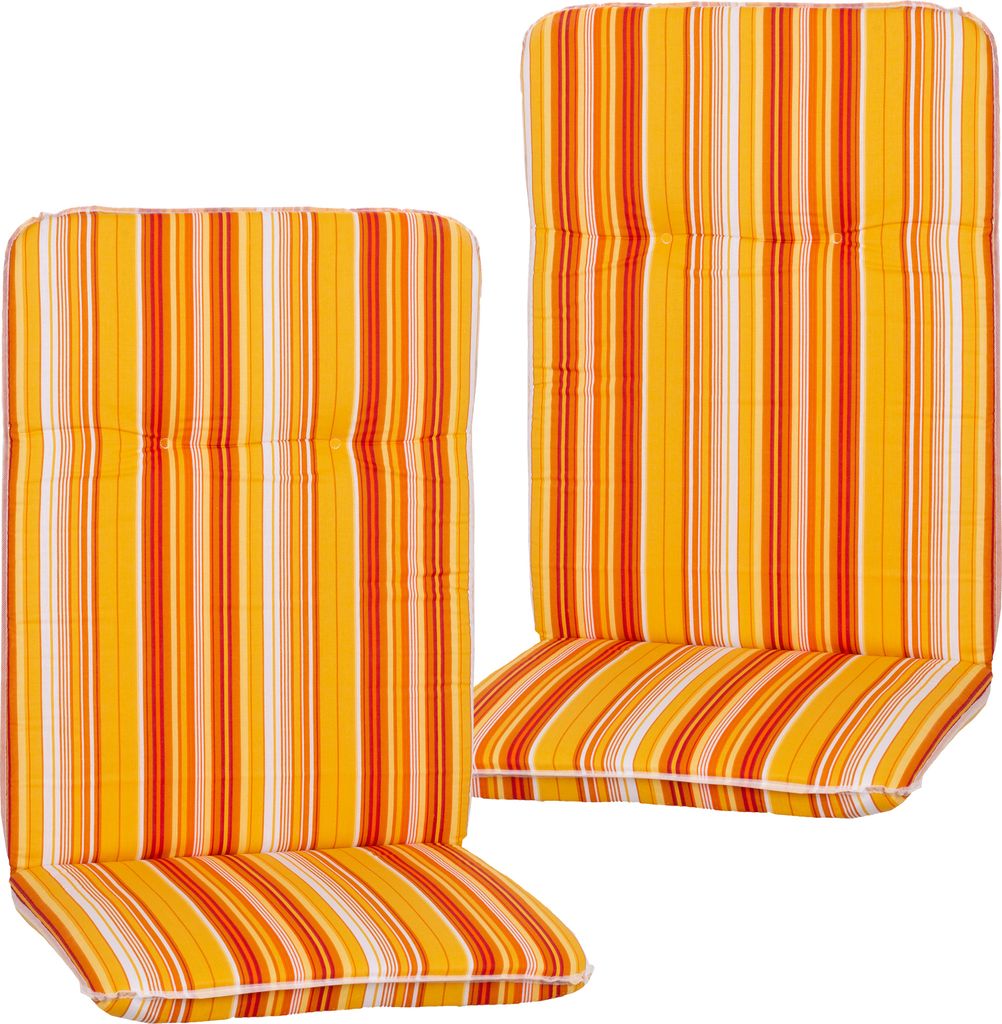 NYVI Hochlehner Auflagen Hawaii 2er Set - 114x47 cm Orange Gelb Weiß Gestreift - Gartenmöbel Auflage mit 5 cm Polster und Gummi-Halteband