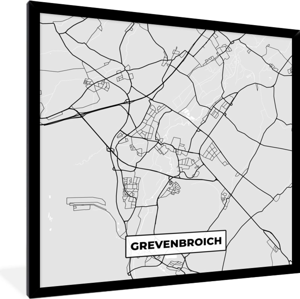 MuchoWow Gerahmtes Poster Karte - Grevenbroich - Stadtplan - Deutschland - Karte 40x40 cm - Poster mit Schwarzem Bilderrahmen Wandposter Rahmen F...