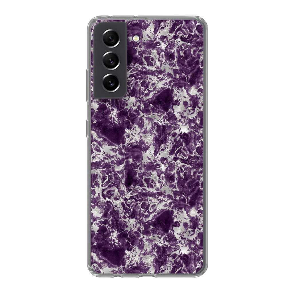MuchoWow Handyhülle Schutzhülle Hülle für Samsung Galaxy S21 FE Marmor - Lila - Silber - Muster Silikon Softcase Handy Hülle - Mobiltelefonh...