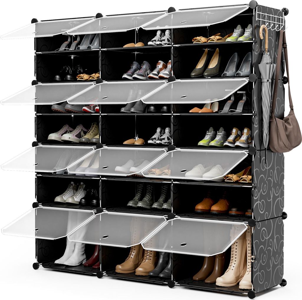 GOPLUS Schuhregal tragbar, Schuhschrank 12 Fächern mit Tür, platzsparendes Schuhschrank für High Heels, Stiefel, Hausschuhe, Schwarz