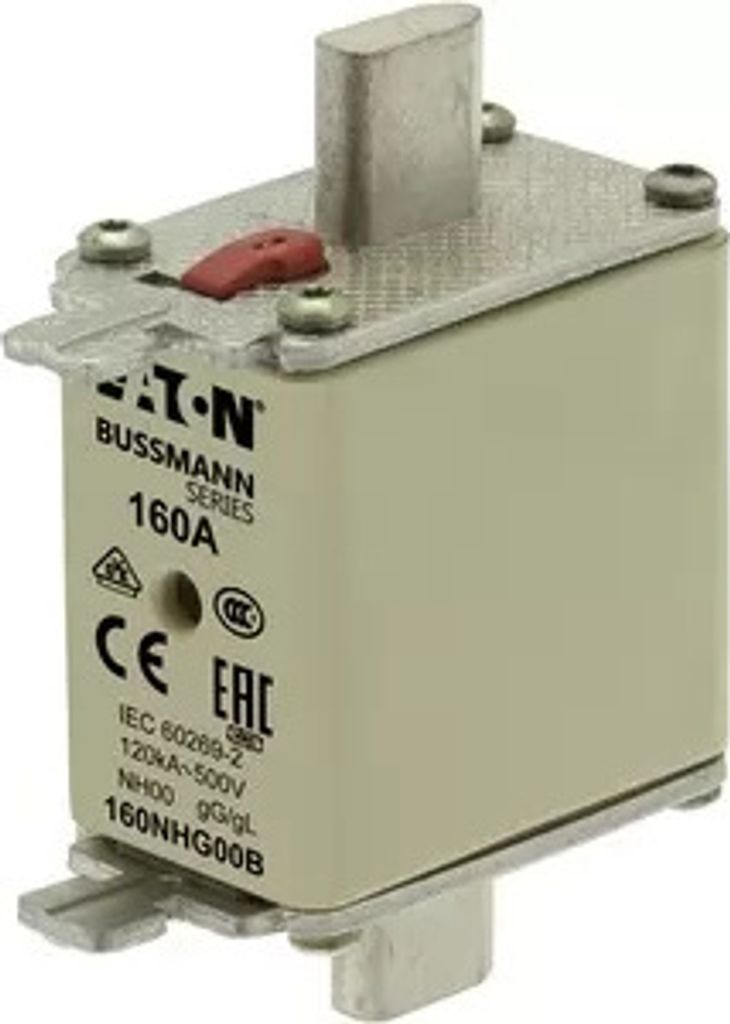 Eaton Sicherungseinsatz, Niederspannung, 160 A, AC 500 V, 120 kA, NH00, gL/gG, IEC, Doppelkennmelder, spannungsführende Grifflasche 160NHG00B