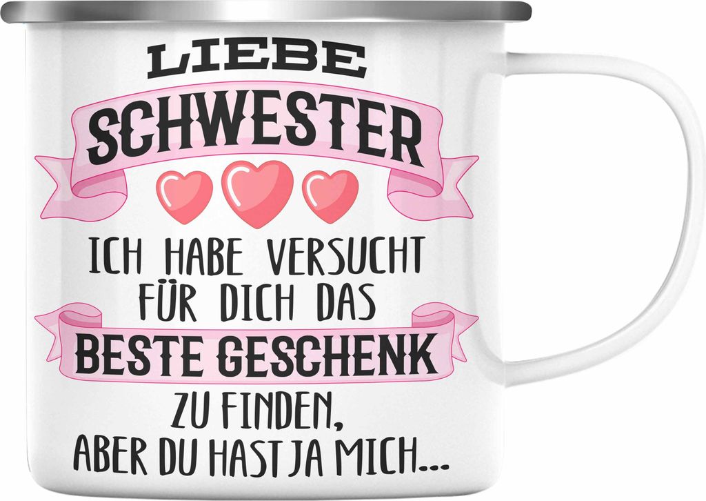 Trendation - Beste Schwester Geschenk Emaille Tasse Emaille Emaille Tasse Geburtstag Weihnachten Geschenkideen Schwestern Bruder Lustig (Silber)