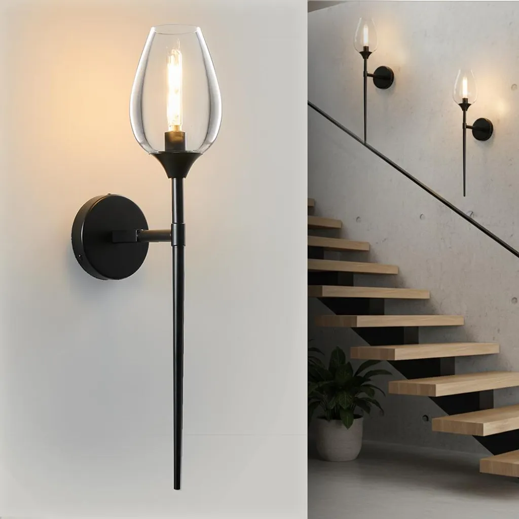 Applique Moderna Nero E14 Vetro - Lampada Muro Interno 12x61cm - 1