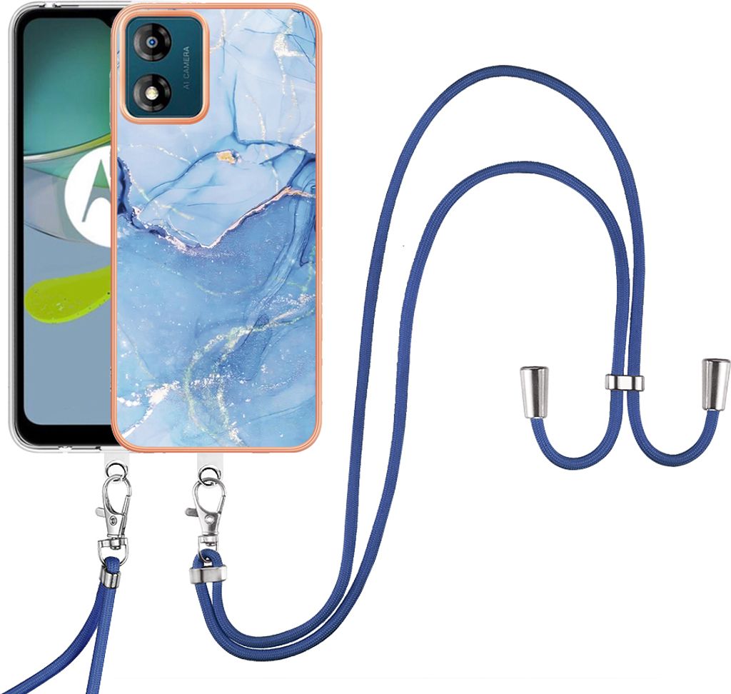 Moto E13 Handykette Hülle, Muster TPU Bumper Schutzhülle mit verstellbarem Tragegurt für Motorola Moto E13 Blau