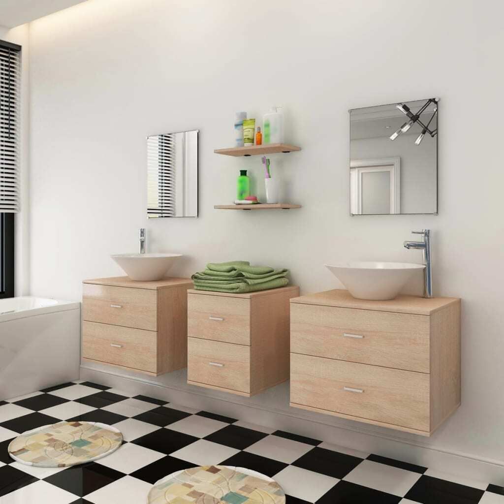 Cloris DesignMöbel Badezimmerschränke - Beige 9-tlg. Badmöbel-Set mit Waschbecken und Wasserhahn Beige Schlichtes3852343