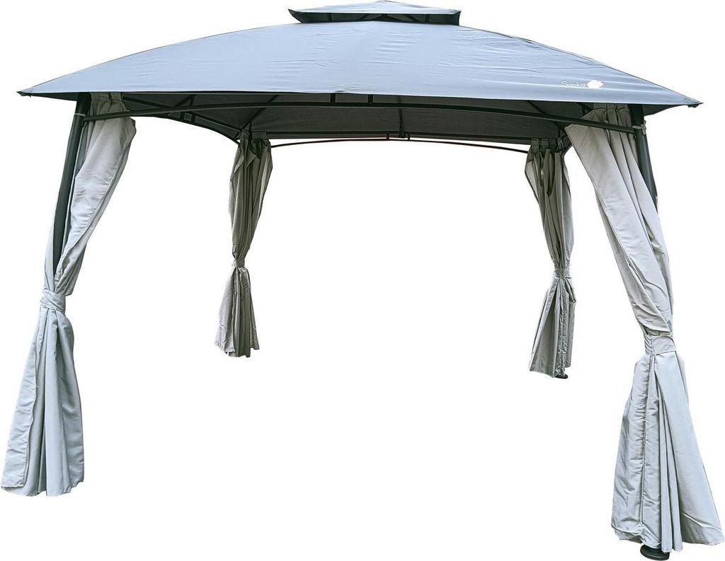 A gray gazebo with curtains, shown against a white background.
