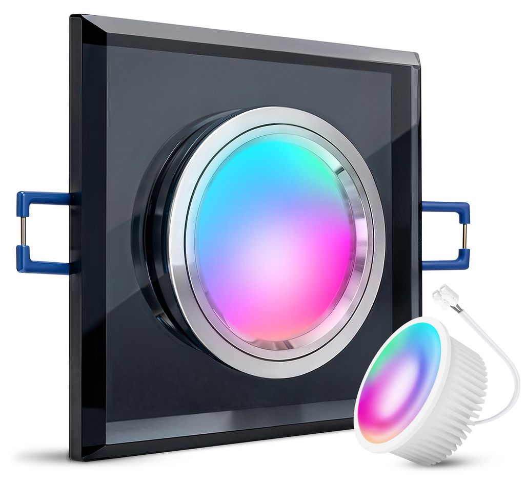 SSC-LUXon Einbau Spot ALINA LED flach quadratisch schwarz dimmbar aus Glas inkl. WiFi Smart Lampe - Deckenspot dimmbar RGB & Weißtöne
