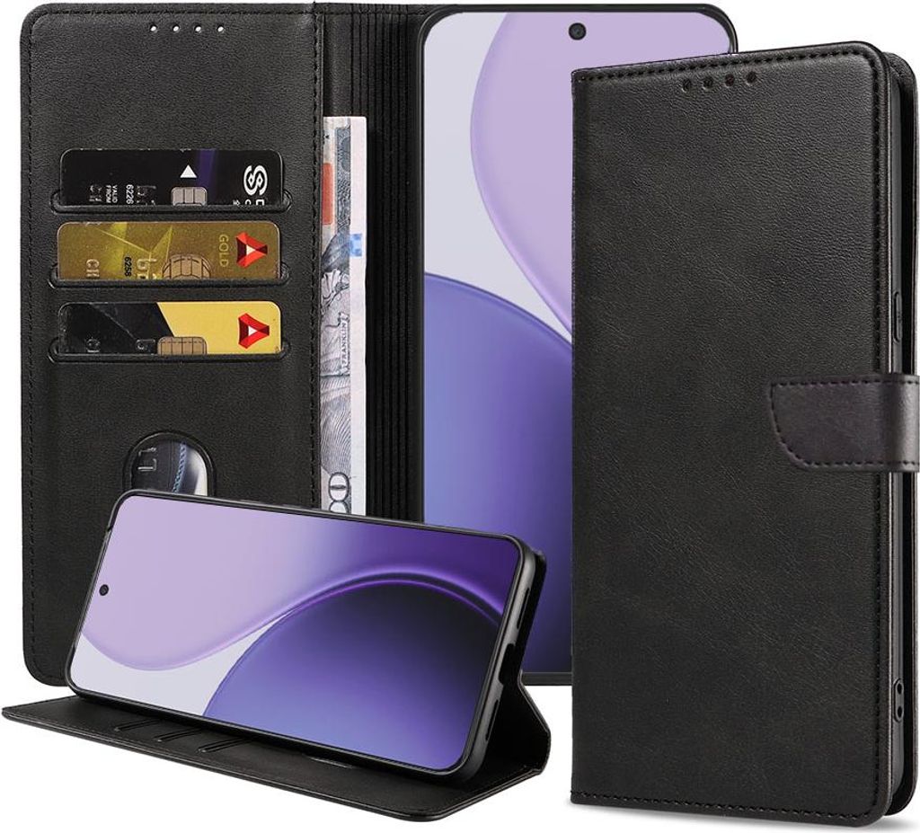 Geeignet für Oppo Reno 14 Pro Handytasche Kunstleder mit Magnetlippe und Kartenhalter Buchhülle mit Klappe - Wallet Case mit Kartenfach - Schwarz...