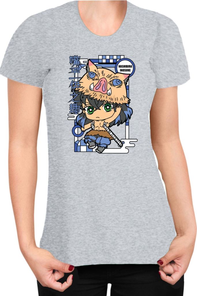 Damen T-Shirt Demon Anime Slayer Kimetsu No Yaiba Chibi Inosuke Hashibira, Lady XS / Grau