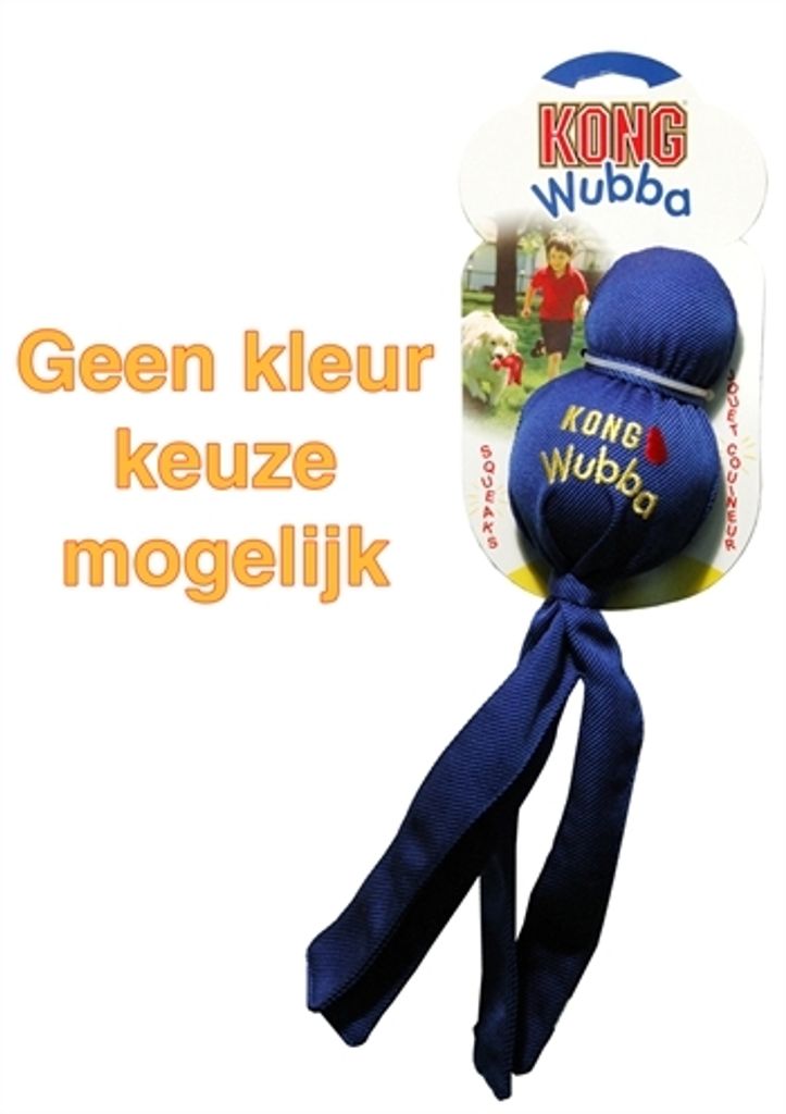 A blue Kong Wubba dog toy is displayed on its packaging, with text indicating color selection is not possible.