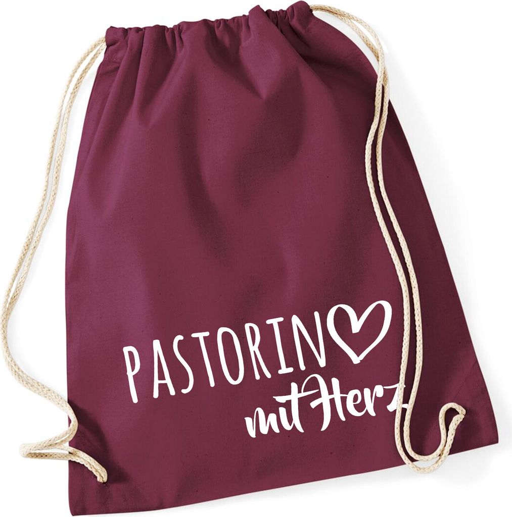 Huuraa Turnbeutel Pastorin mit Herz 12 Liter Burgundy Baumwolle Rucksack Geschenkidee