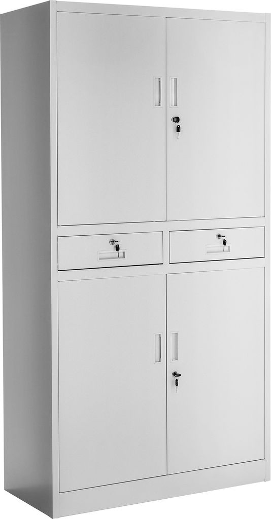 A white metal filing cabinet with two doors on top and two doors on the bottom, with two drawers above the bottom doors.