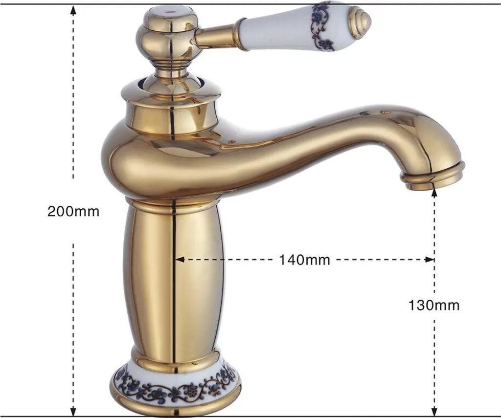 Robinetterie de lavabo laiton et céramique, finition dorée éclatante