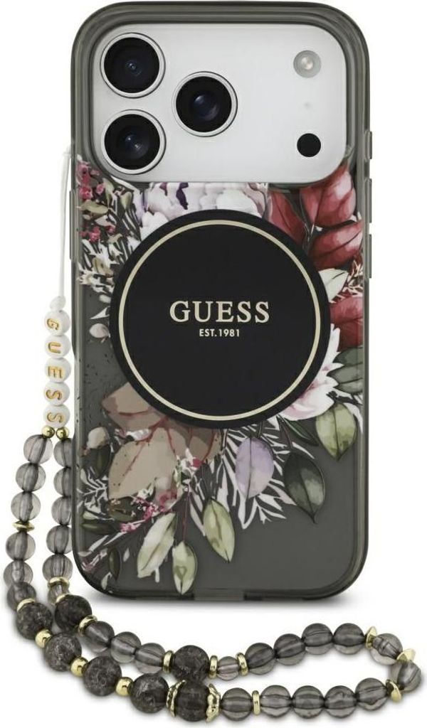 Guess - IML Flowers with Pearl Strap MagSafe (GUHMP17LHFWBRCESK) - iPhone 17 Pro - Black