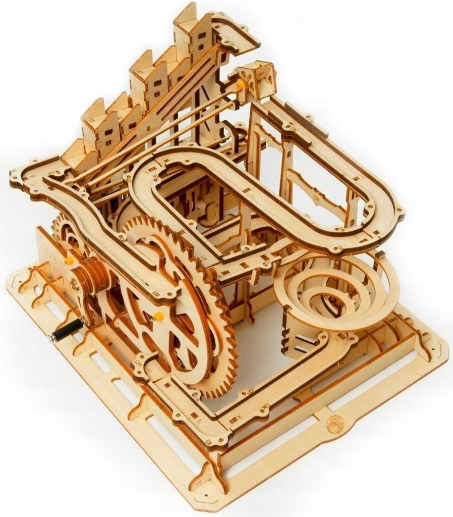 A wooden marble run model on a white background.