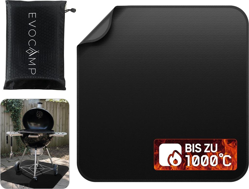 EVOCAMP Brandschutzmatte 100x100 cm, Feuerfeste Unterlage aus Glasfasergewebe, hitzebeständig bis 1000 °C, wasserabweisend und pflegeleicht