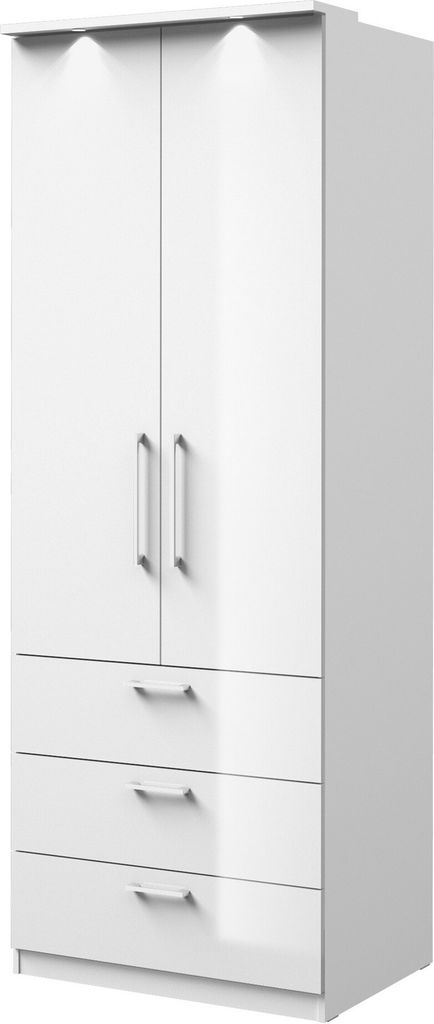 Furniture24 Schrank Optima 68 Kleiderschrank Drehtürenschrank 2 Türiger mit Einlegeboden Kleiderstange 3 Schubladen 90 cm breit Weiß/Weiß Hochg...
