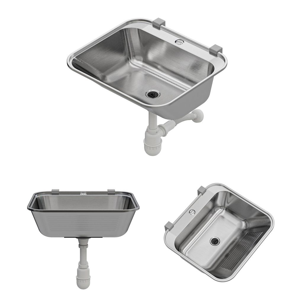 A collage of three images showing a stainless steel sink from different angles, with plumbing attached.