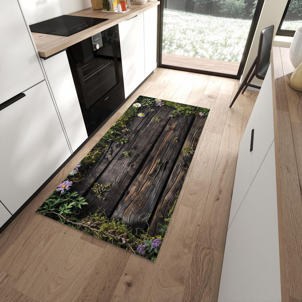 Küchenteppich 90x180cm rutschfest & abwischbar PVC Läufer - Holz mit Blumen