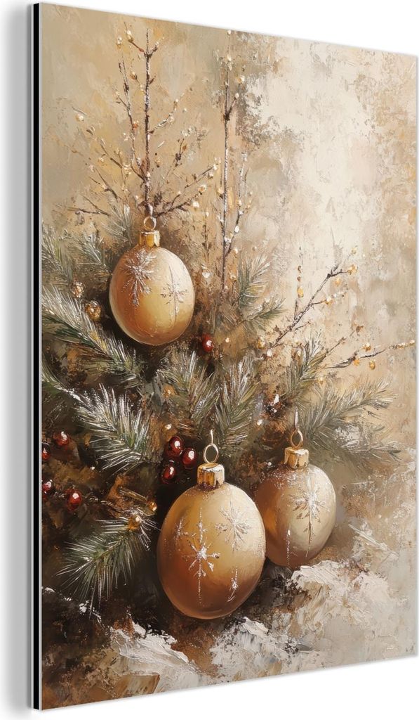 MuchoWow Wanddekoration Metall Metallbild Wandkunst 30x40 cm Weihnachten - Kugeln - Beige - Gold MuchoWow Aluminium Gemälde - Bilder