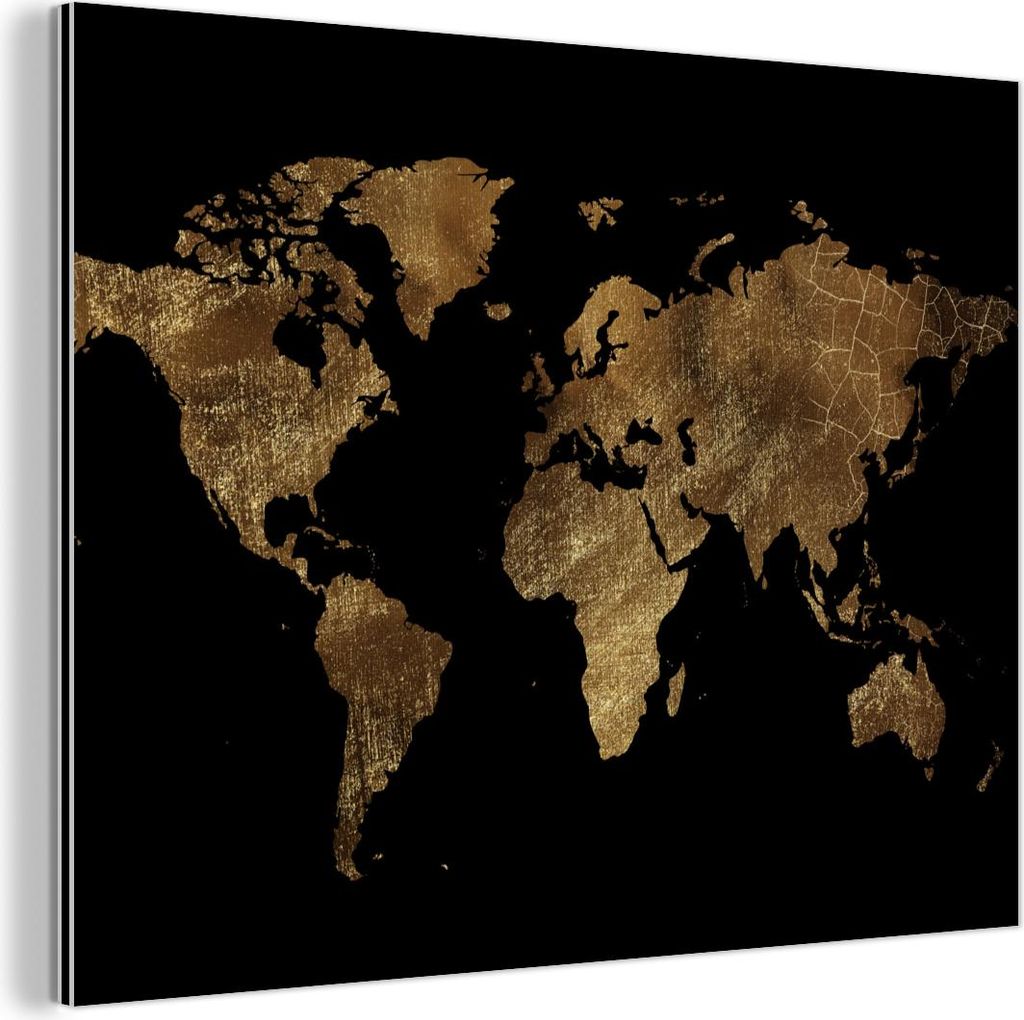 MuchoWow Wanddekoration Metall Metallbild Wandkunst 40x30 cm Weltkarte - Gold - Luxus - Erde - Schwarz MuchoWow Aluminium Gemälde - Dekoration Woh...