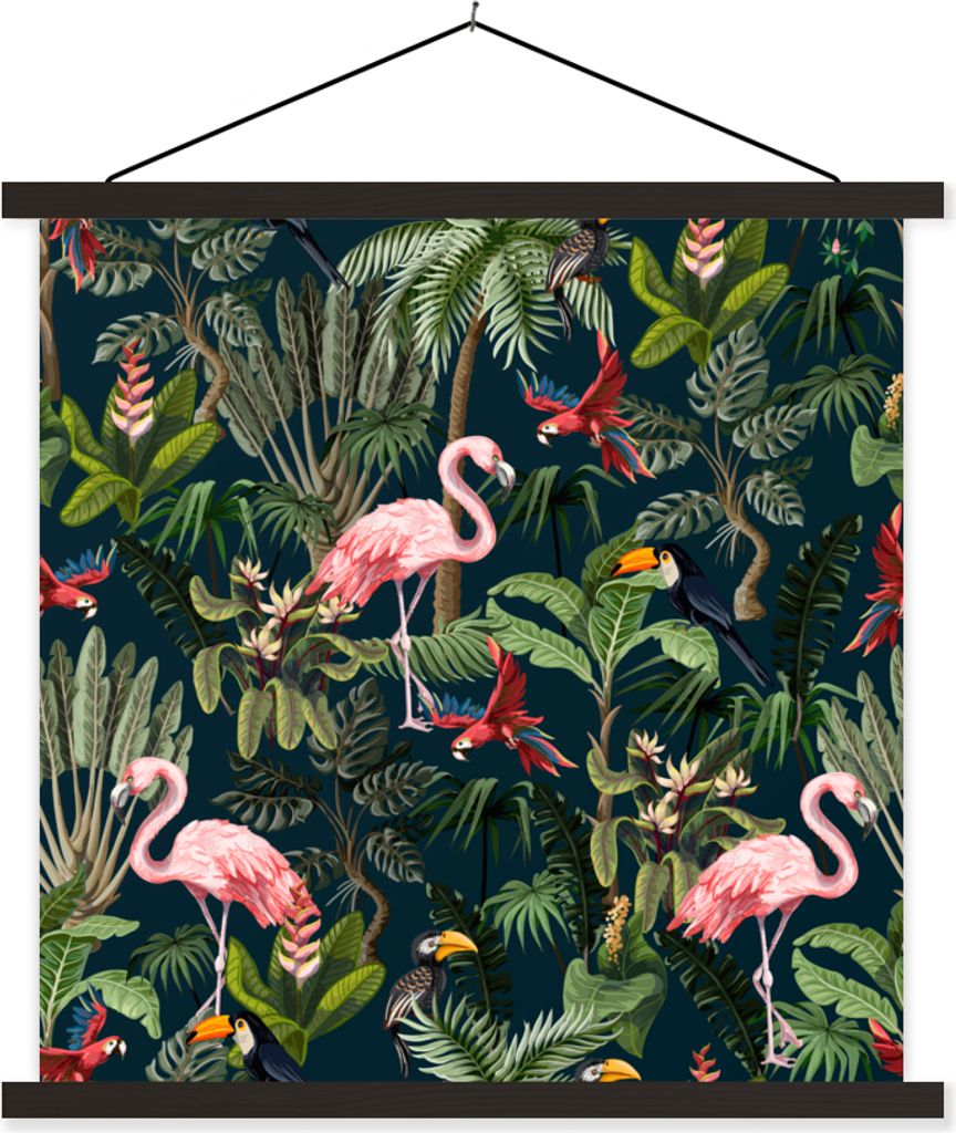 MuchoWow Textilposter Jungtiere - Muster - Kinder - Flamingo - Papagei - Kinder 60x60 cm mit schwarzem Rahmen - Posteraufhänger