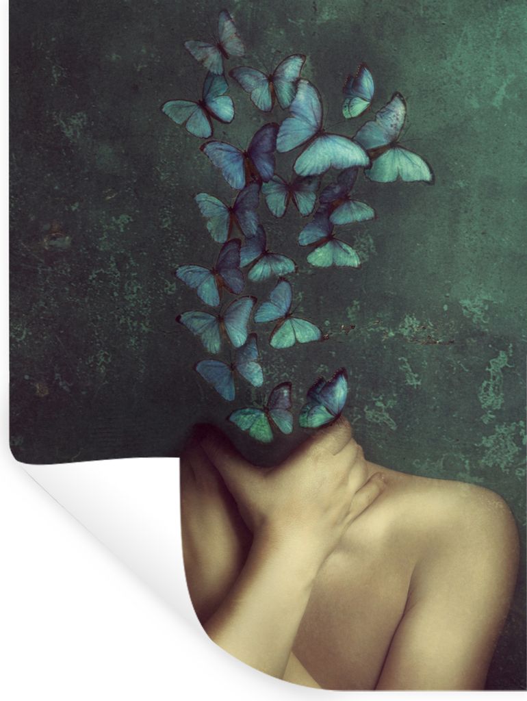 MuchoWow Wandtattoo Wandsticker Wandaufkleber Torso - Stilleben - Schmetterlinge - Blau 60x80 cm Selbstklebend und Repositionierbar - Repositioni...
