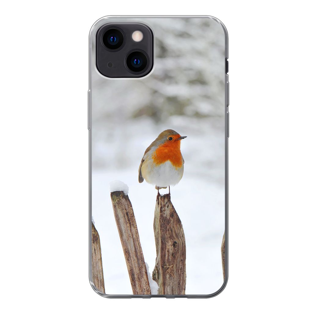 MuchoWow Handyhülle Schutzhülle Hülle für iPhone 13 Vogel - Zaun - Schnee Silikon Softcase Handy Hülle - Karteninhaber