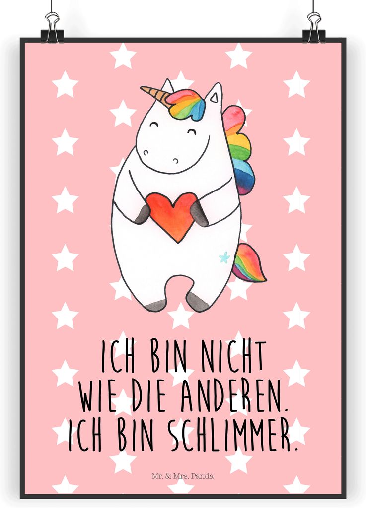 Mr. & Mrs. Panda Bild Einhorn Herz DIN A5 - Rot Pastell - Produktbild 