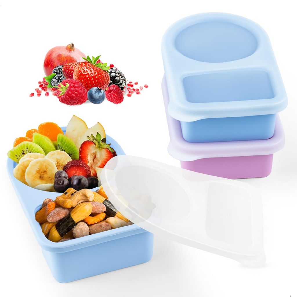 Snackbox für Kinder, Snackbehälter mit Fächern, wiederverwendbar, tragbar, auslaufsicher, aus Silikon, mit 2 Fächern, Snackbox für Obst, Snack...