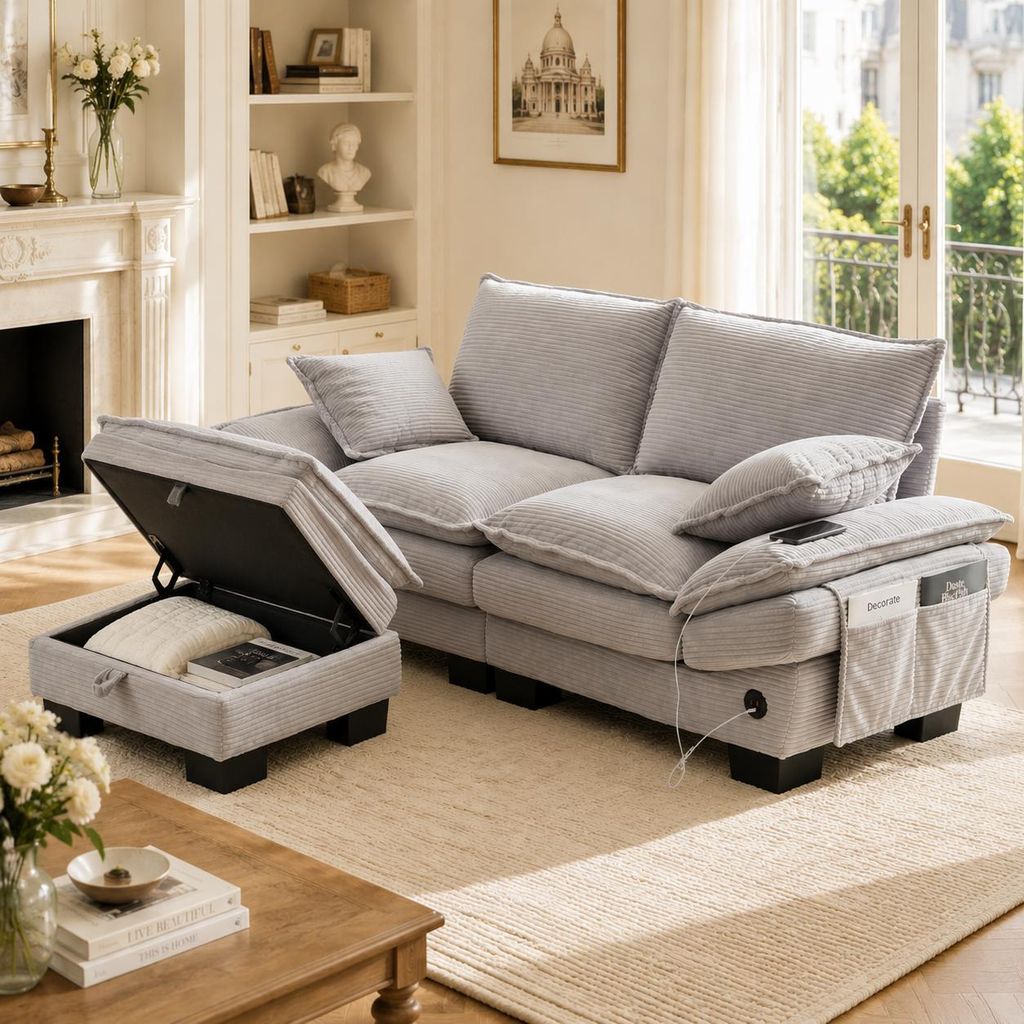 Cord Sofa 2 Sitzer Couch modular Polstersofa mit Hocker USB C Ladestation Seitentasche breite Sitzfläche ergonomisch Wohnzimmercouch Hellgrau