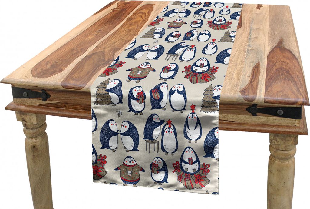 ABAKUHAUS Weihnachten Tischläufer, Grunge Penguins Boxes, Esszimmer Küche Rechteckiger Dekorativer Tischläufer, 40 x 225 cm, Marineblau Weiß Um...
