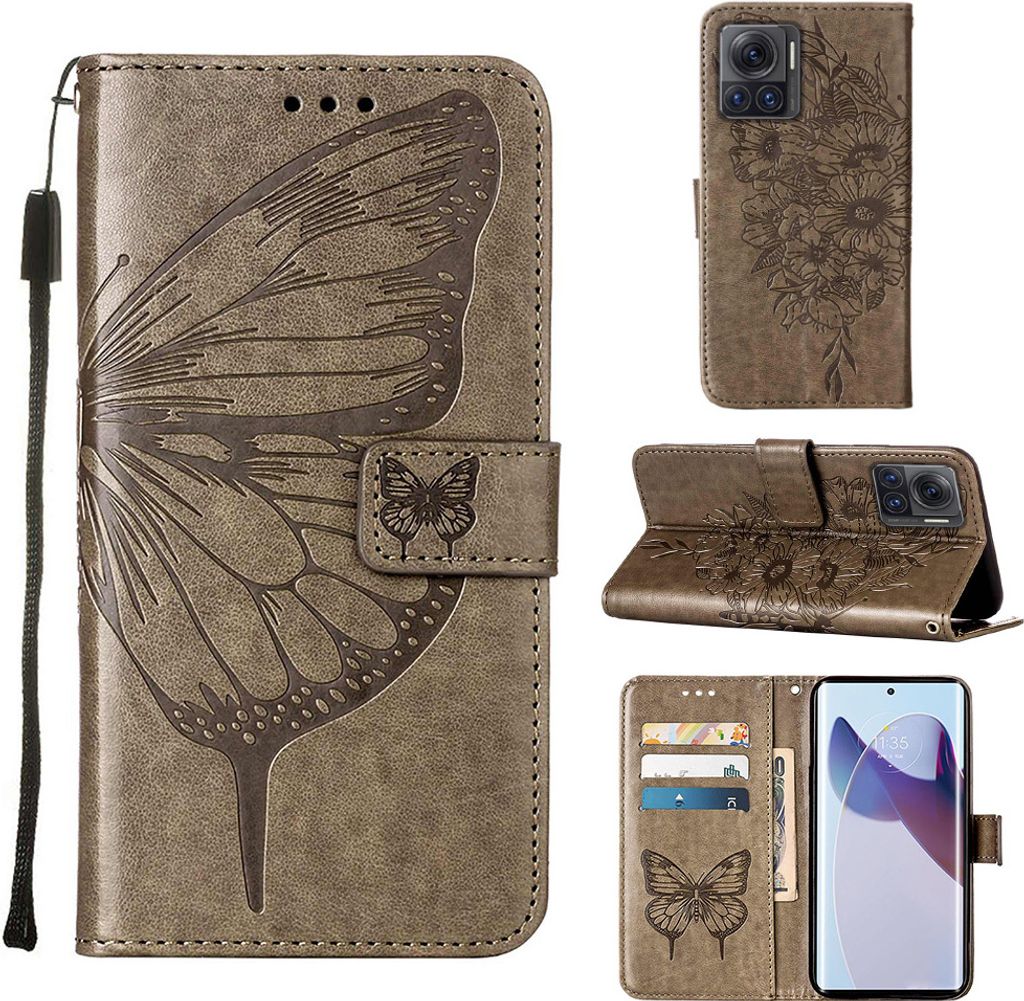 Moto X30 Pro Hülle, Schmetterling Prägung Flip Leder Kartenfächer Schutzhülle Ledertasche mit Ständer für Motorola Moto X30 Pro 5G Grau