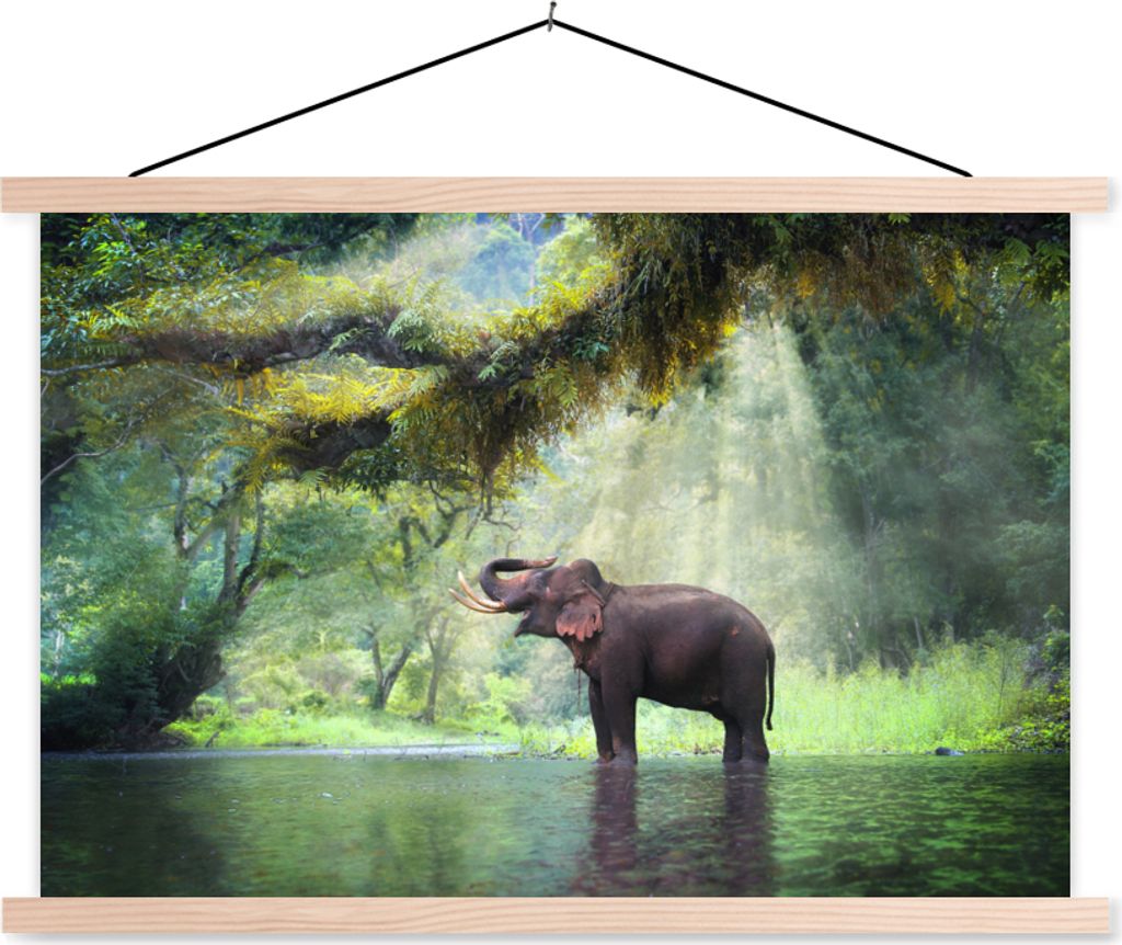 MuchoWow Textilposter Dschungel - Elefant - Wasser 120x80 cm mit holzfarbenen Rahmen - Aufhängeset