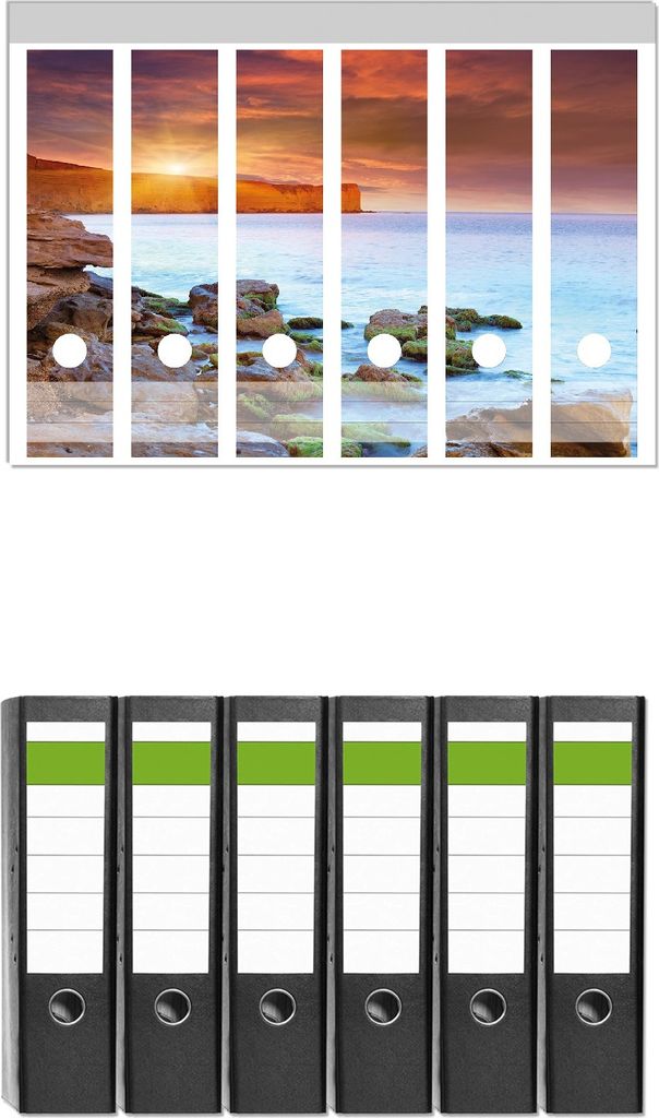 Wallario 6 Stück breite Ordner inkl. Klebeetiketten mit Motive Sonnenaufgang am Meer mit Landzunge und Felsen im Wasser - Set mit Rückenschilder...