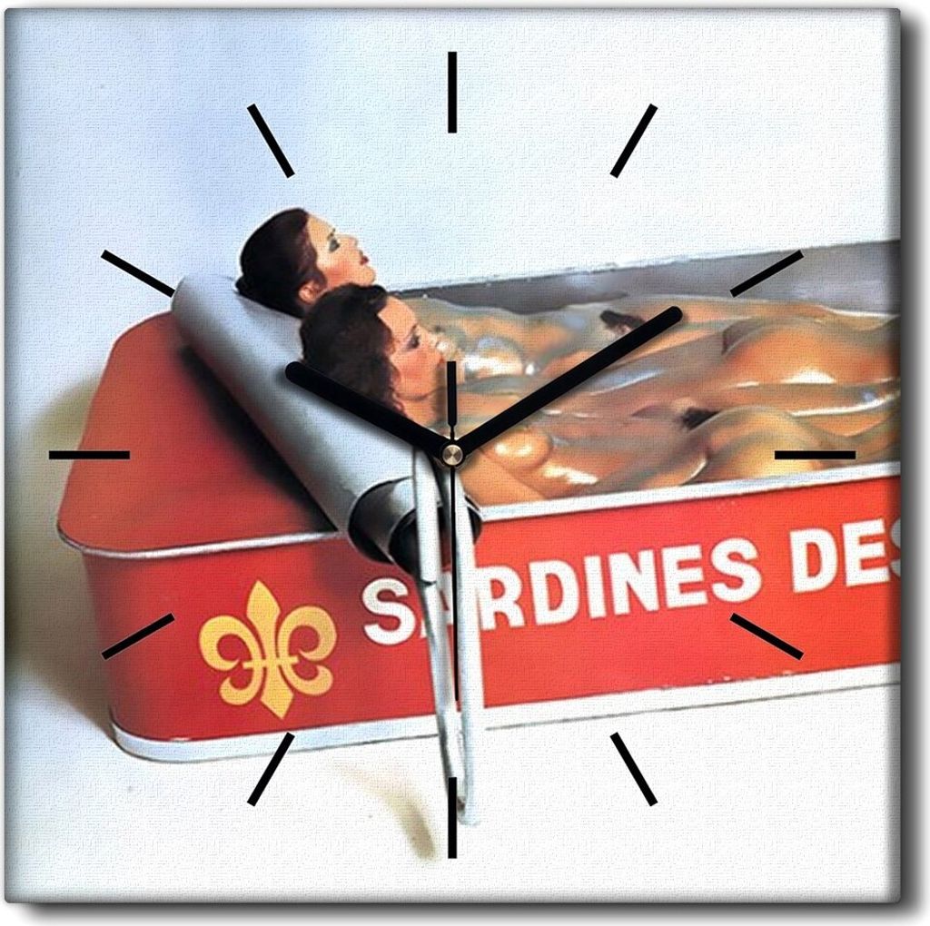 Coloray Uhr auf Leinwand 30x30 cm Wand Uhr Dekoration Wohnzimmer Segeltuch schwarze Hände -König Sardinen Vintage.