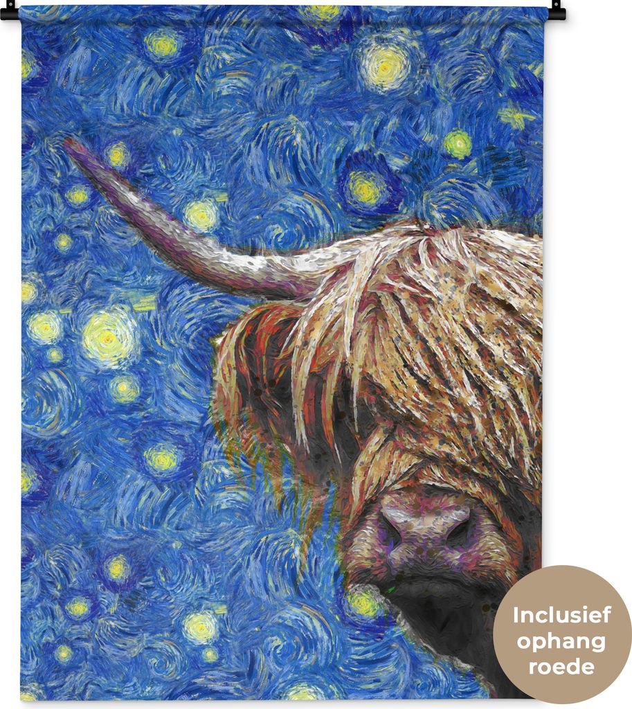 MuchoWow Wandteppich Wandbehang Scottish Hochlandrind - Sternennacht - Van Gogh 90x120 cm Tapisserie Dekoration Wandtuch - Wanddeko