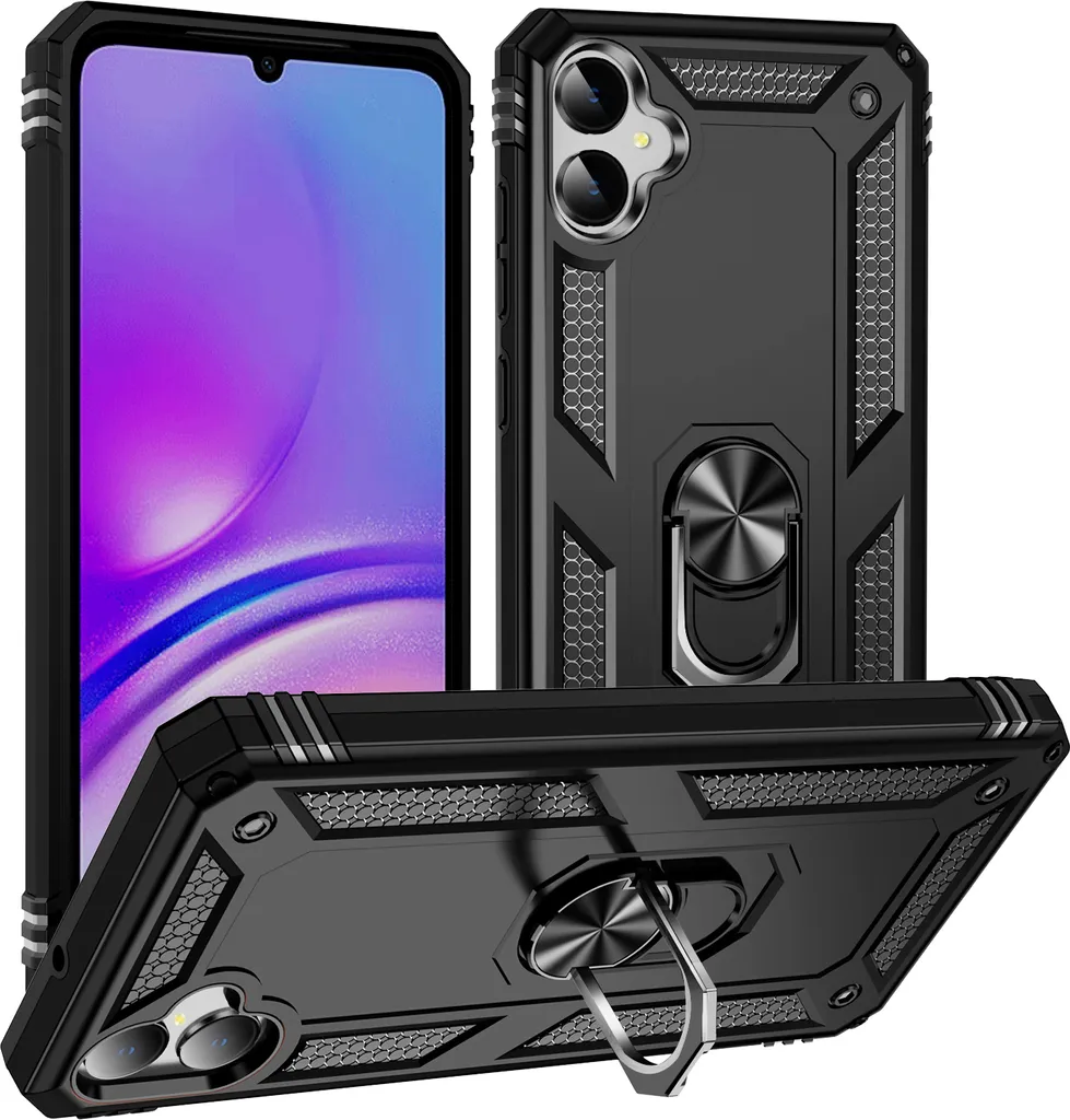 Custodia per Samsung Galaxy A05 a doppio strato robusta, protezione militare con supporto ad anello e supporto nero