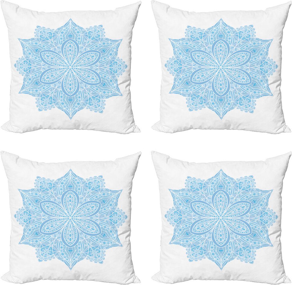 ABAKUHAUS Blauer Mandala Kissenbezug Set (4 Stück), Blumenverzierung, Moderner Doppelseitiger Digitaldruck, 40 cm x 40 cm, Hellblau und Weiß
