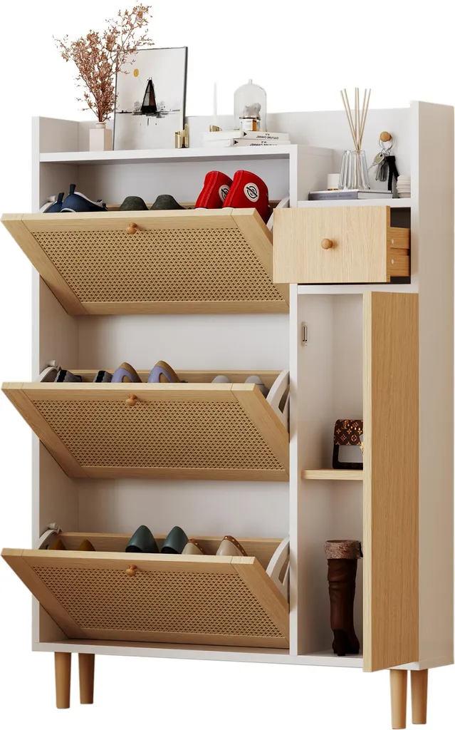 Mendler Scarpiera HWC-M37 In Rattano – 3 Ante Ribaltabili, 127x120x24 Cm, Legno Melaminico Effetto Rovere