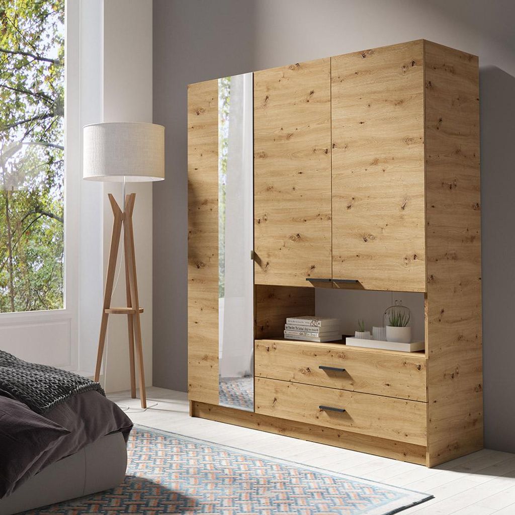 Schlafzimmer Kleiderschrank 158 cm breit in Eiche mit 3 Türen, 2 Schubladen & Spiegel - TOSSA-166