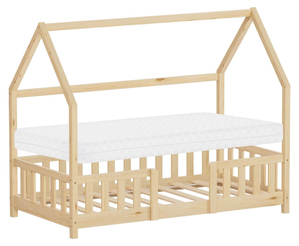 ML-Design Kinderbett 80x160cm mit Matratze Rausfallschutz Dach & Lattenrost Natur Montessori Bodenbett aus Kiefernholz Hausbett für Mädchen & Jungen