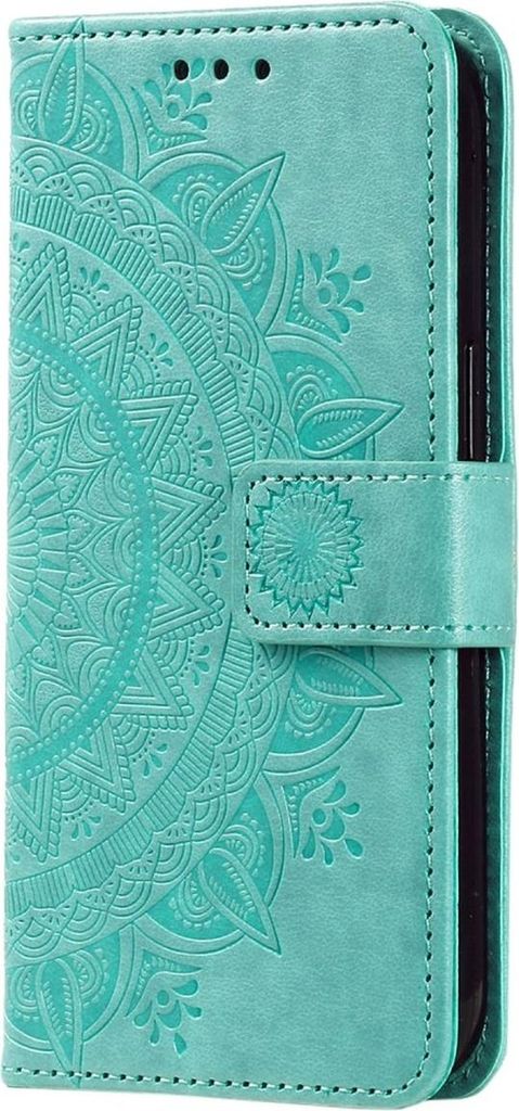 A teal flip case for a Samsung Galaxy S23 with a mandala pattern embossed on the cover.