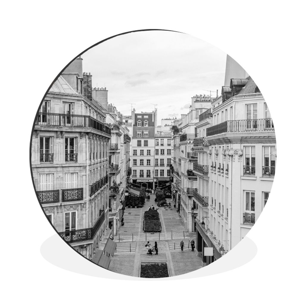 MuchoWow Aluminium Wandkreis Schwarz-Weiß-Bild von Wohnungen in Paris Ø 30 cm Wanddeko Modern Wohnzimmer - Wand Bild - Wohnzimmer - Runde Bilde...