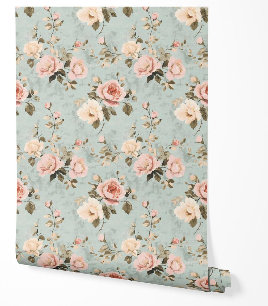 Selbstklebende Tapete Möbelfolie Blumen Vintage Blau Rosa Produktbild 