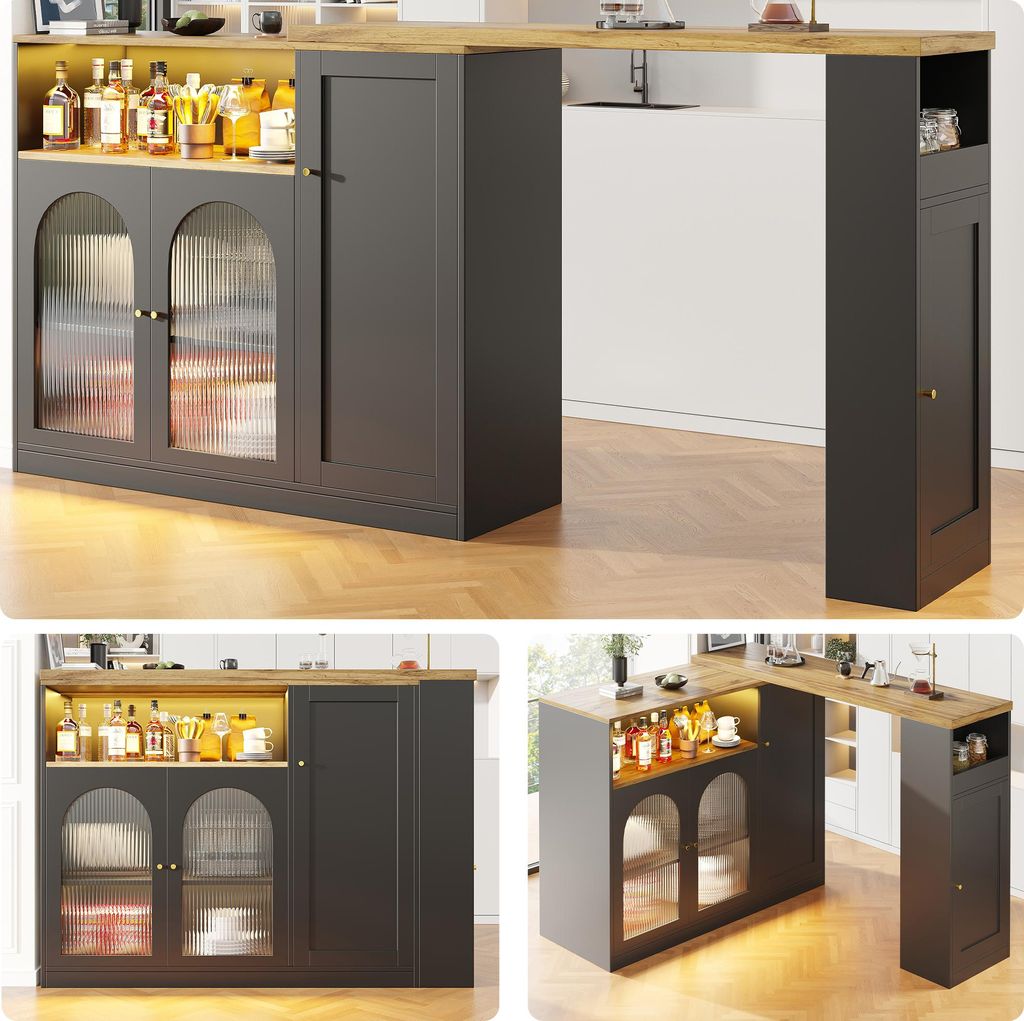 Sweiko Um 360° drehbarer Bartisch (Hauptkörper: 198 x 39,6 x 97 cm), mattschwarzer Schrank mit Schreibtisch in Holzmaserung, mit Glasschranktür ...