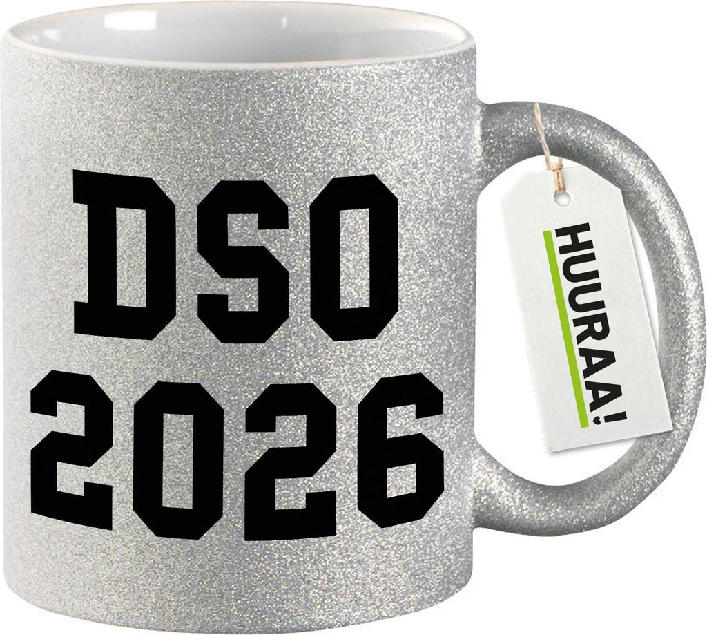 Huuraa Glitzer Tasse DSO 2026 Abschluss Belgien (ndl.) Geschenk 330ml Silber DSO 2026 Präsent
